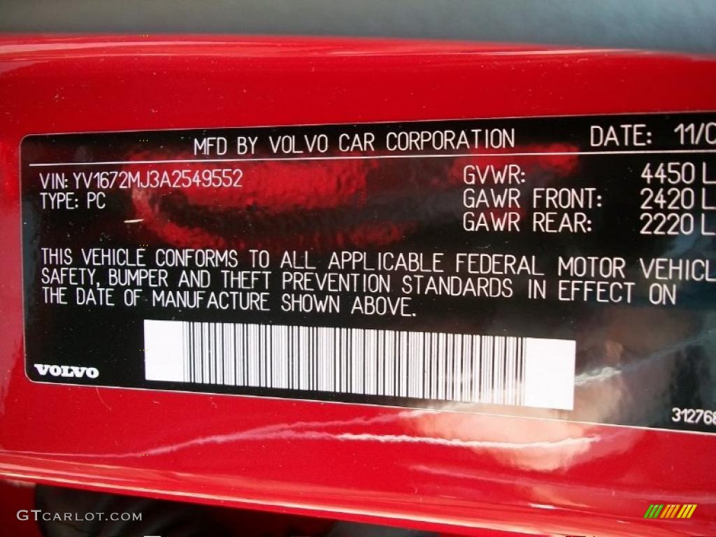 2010 Volvo V50 T5 R-Design Info Tag Photo #49845541