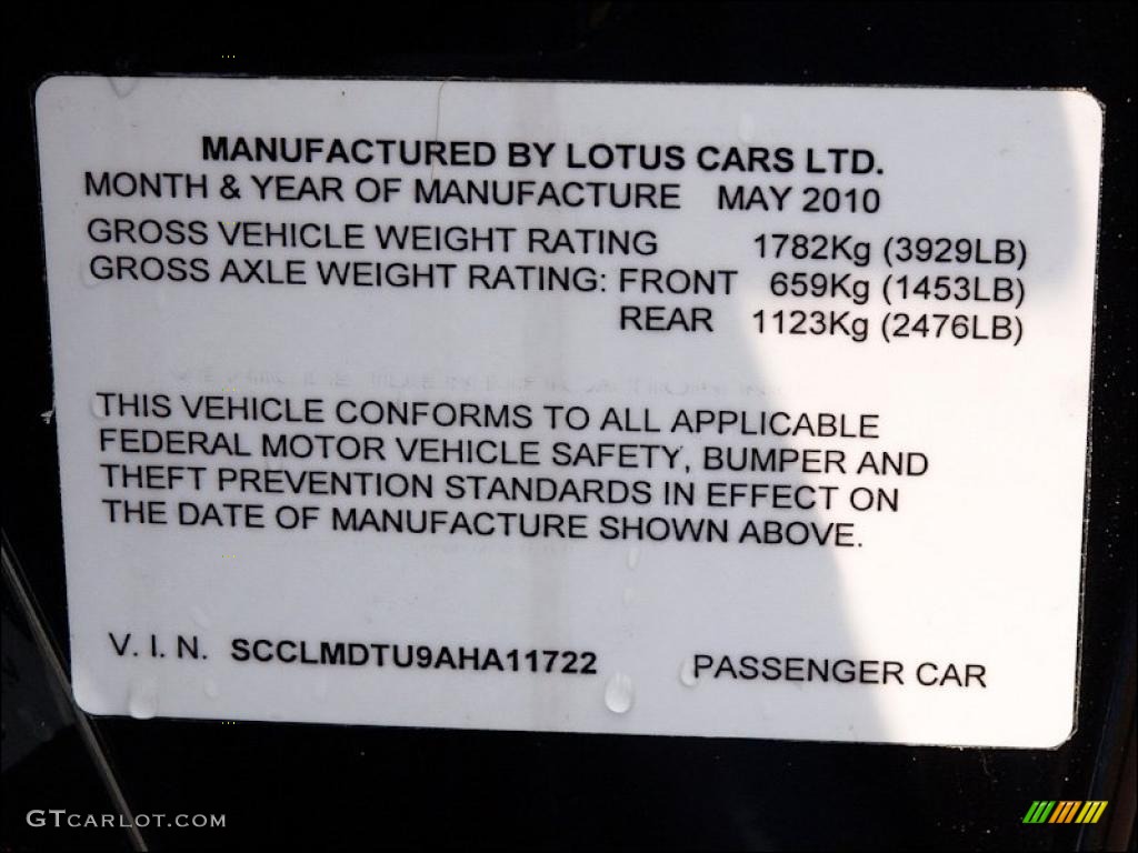 2010 Lotus Evora Coupe Info Tag Photo #49854076