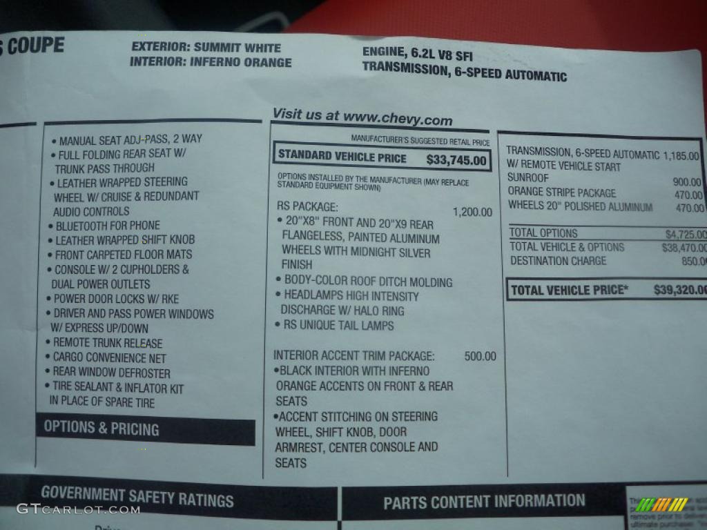 2010 Chevrolet Camaro SS/RS Coupe Window Sticker Photo #49865429