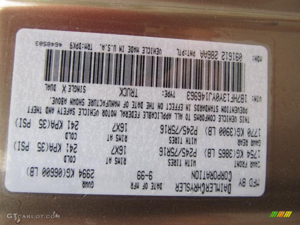 2000 Ram 1500 Color Code PTL for Sierra Bronze Pearlcoat Photo #49880210