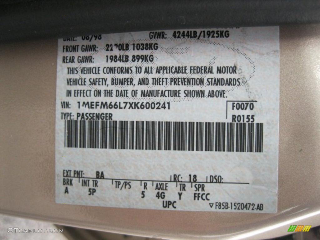 1999 Mercury Mystique LS Color Code Photos