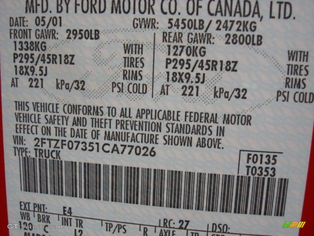 2001 F150 Color Code E4 for Bright Red Photo #49889828