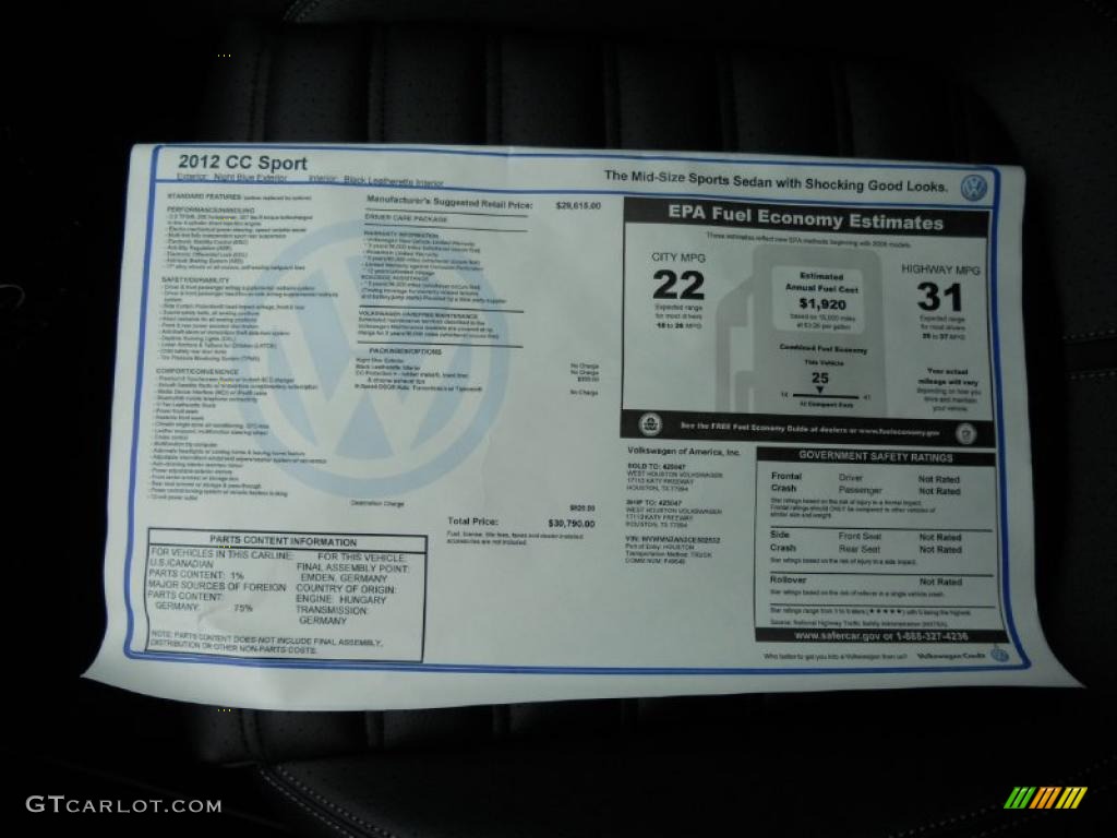 2012 Volkswagen CC Sport Window Sticker Photo #49891700