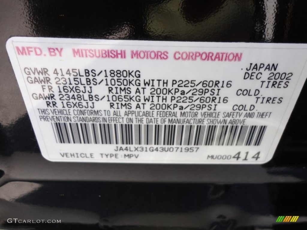 2003 Mitsubishi Outlander LS Info Tag Photos