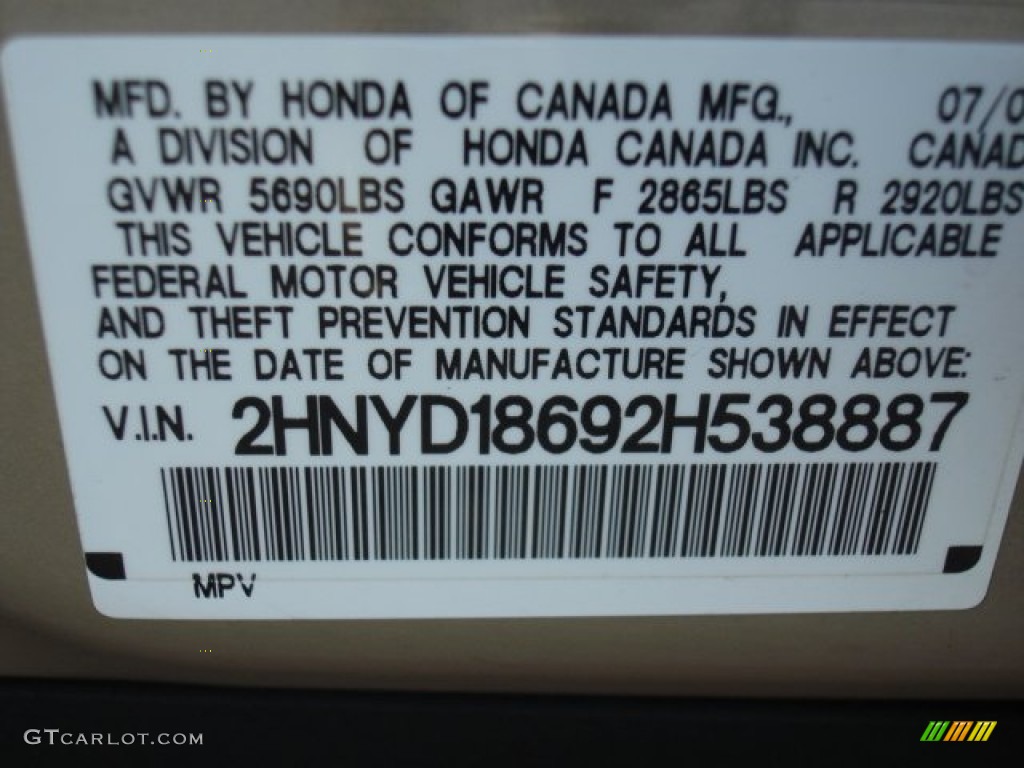 2002 Acura MDX Standard MDX Model Info Tag Photo #49926378