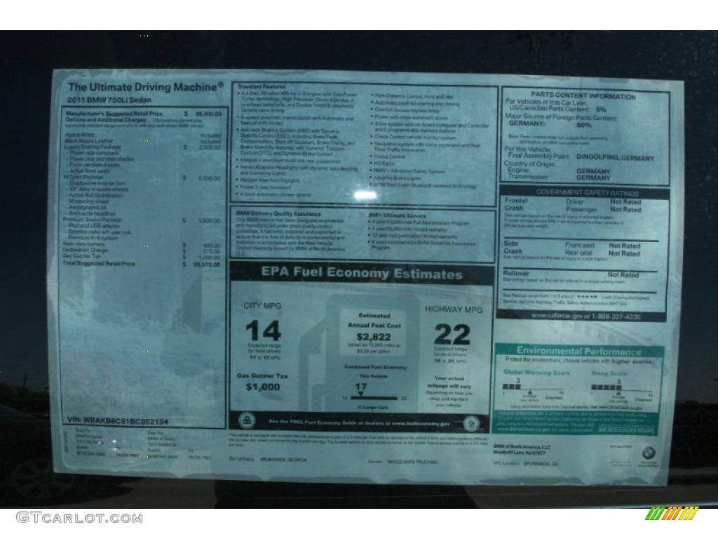 2011 BMW 7 Series 750Li Sedan Window Sticker Photo #49932429