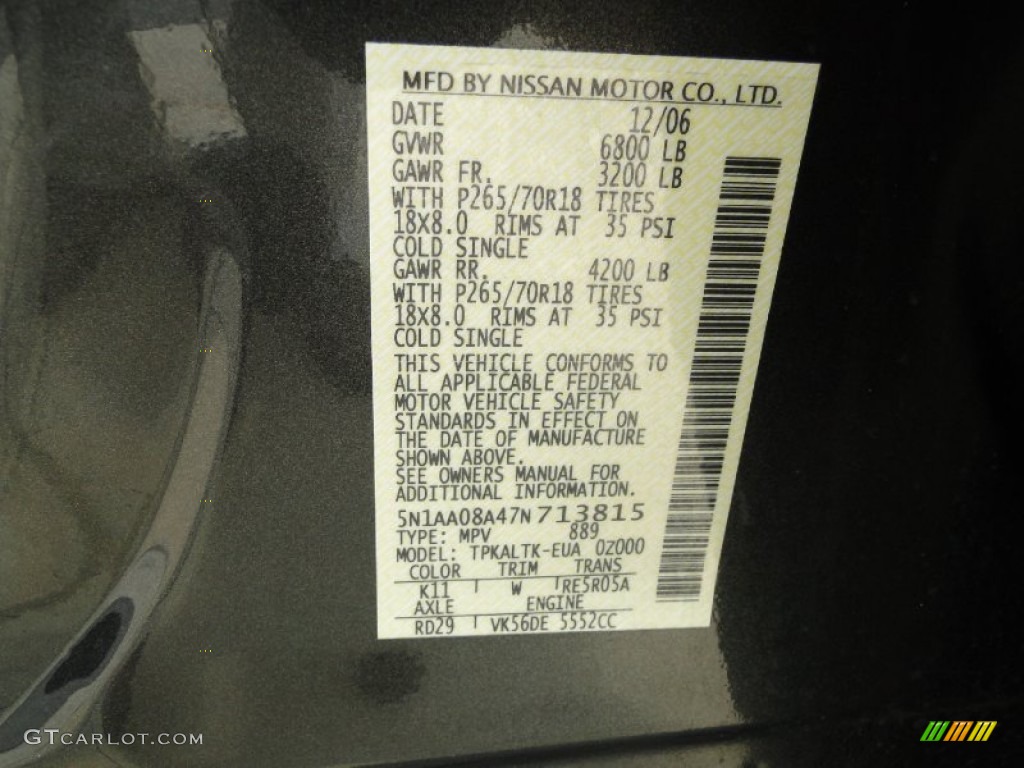 2007 Nissan Armada SE Color Code Photos