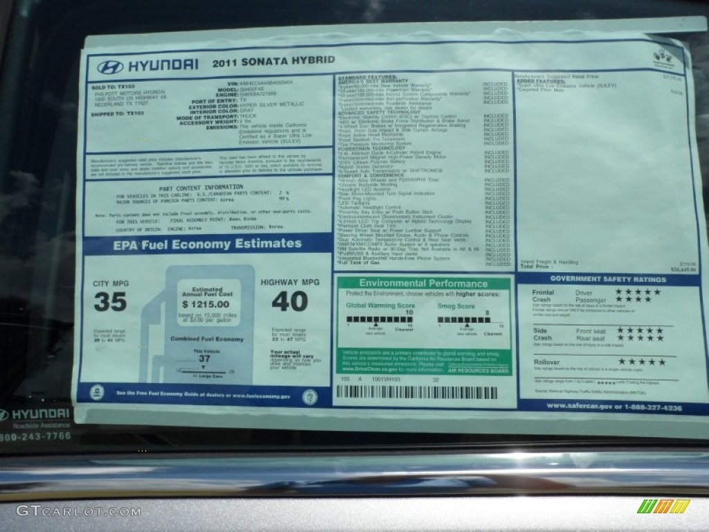 2011 Hyundai Sonata Hybrid Window Sticker Photo #49947881