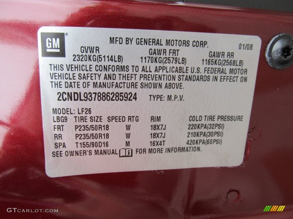 2008 Chevrolet Equinox Sport Info Tag Photo #49955012