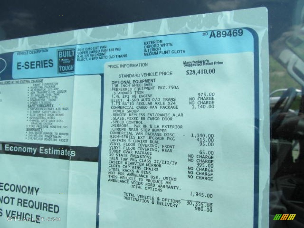 2011 Ford E Series Van E250 Extended Commercial Window Sticker Photo #49963874