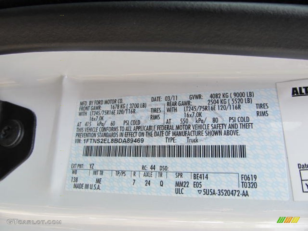2011 Ford E Series Van E250 Extended Commercial Color Code Photos