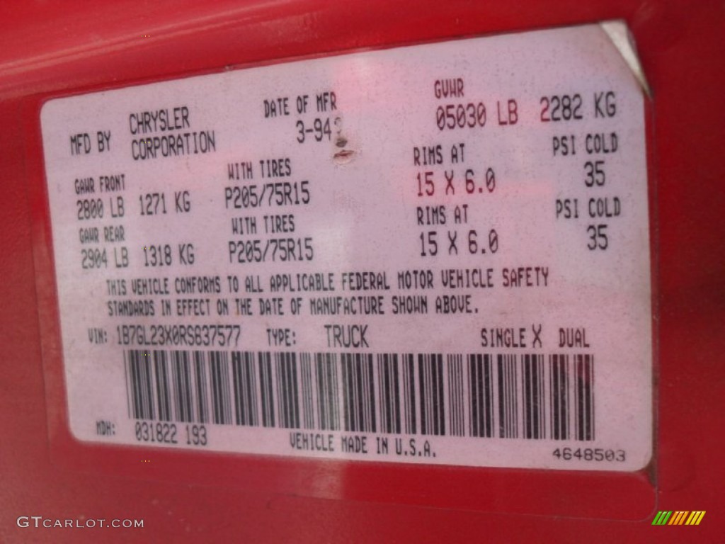 1994 Dodge Dakota SLT Extended Cab Info Tag Photos