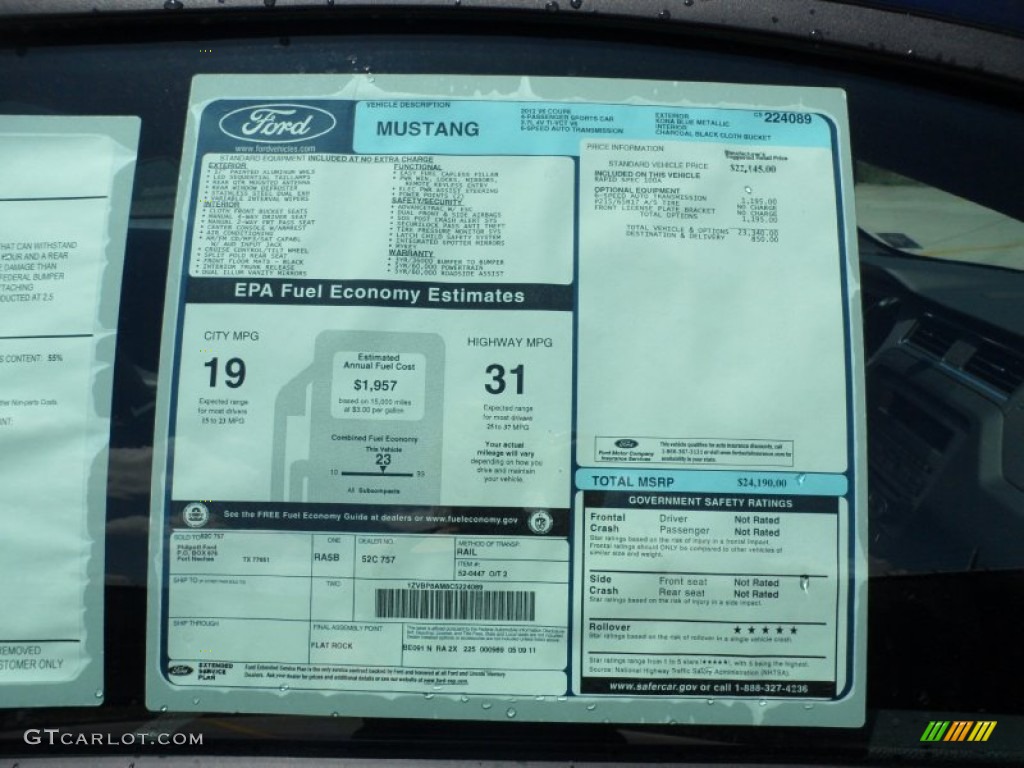 2012 Ford Mustang V6 Coupe Window Sticker Photo #49984380