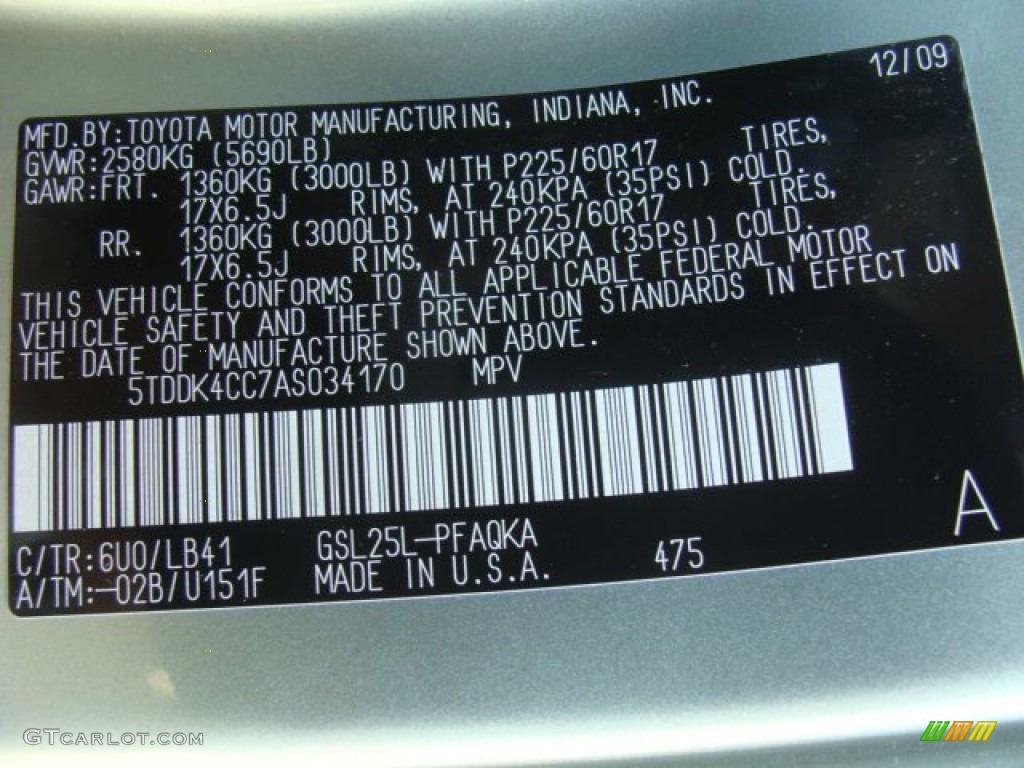 2010 Sienna Color Code 6U0 for Silver Pine Mica Photo #49990209