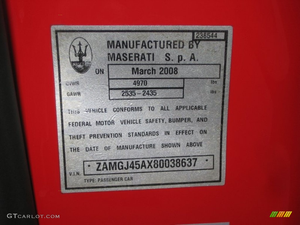 2008 Maserati GranTurismo Standard GranTurismo Model Info Tag Photo #50003206
