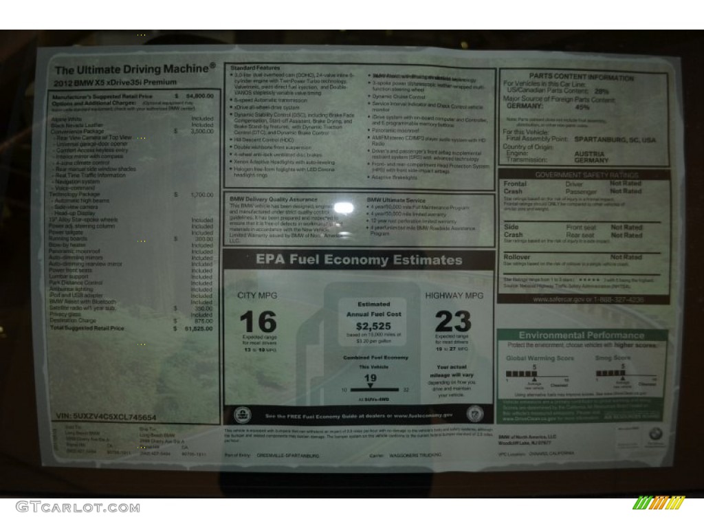 2012 BMW X5 xDrive35i Premium Window Sticker Photo #50020432