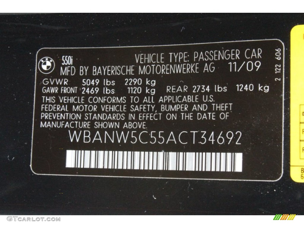 2010 BMW 5 Series 550i Sedan Info Tag Photo #50022958