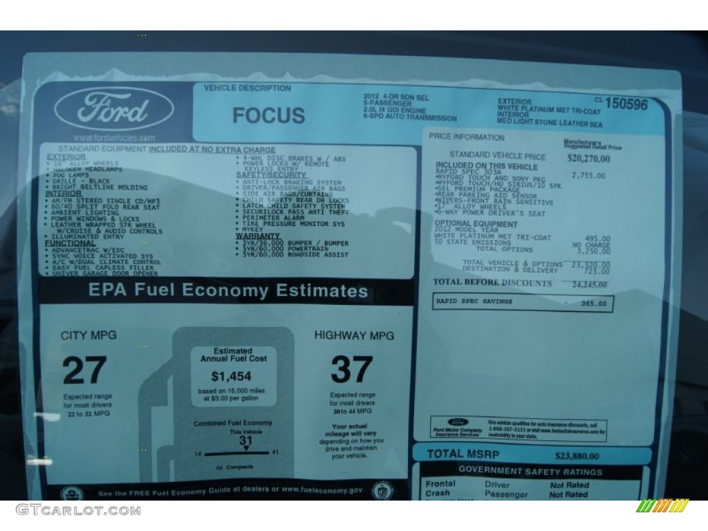 2012 Ford Focus SEL Sedan Window Sticker Photo #50023429