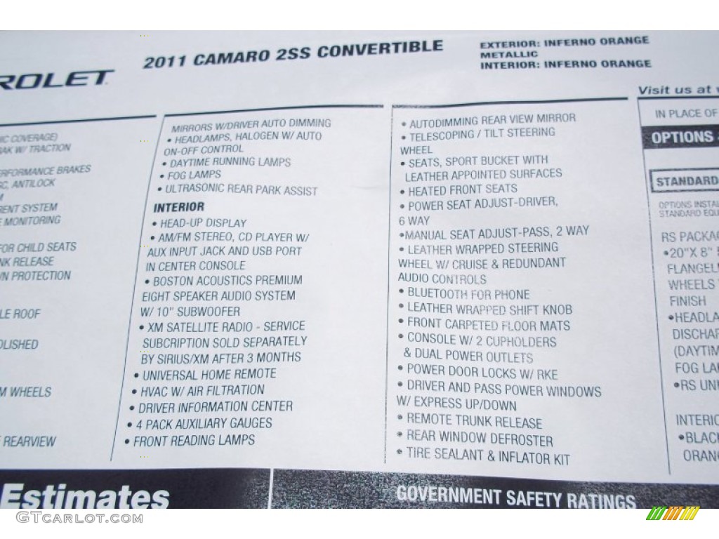 2011 Chevrolet Camaro SS/RS Convertible Window Sticker Photo #50024848