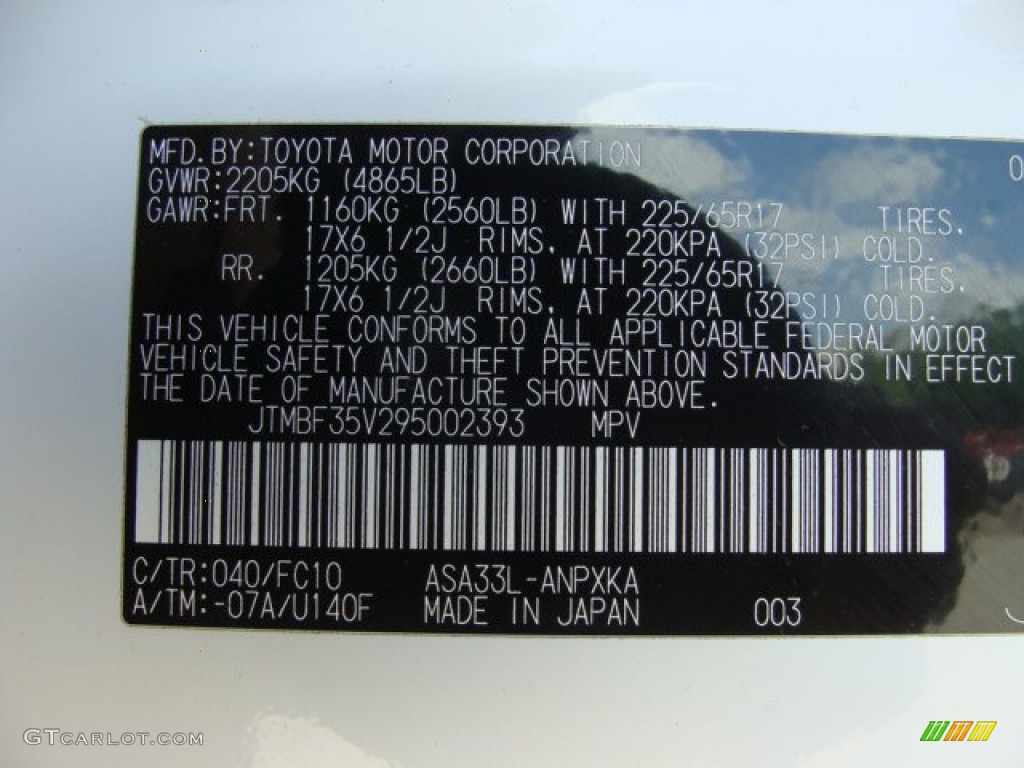 2009 RAV4 Color Code 040 for Super White Photo #50049726