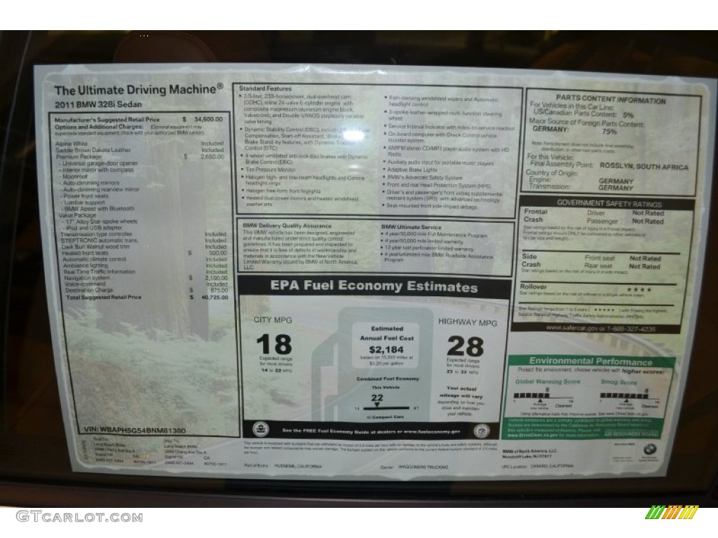 2011 BMW 3 Series 328i Sedan Window Sticker Photo #50056240