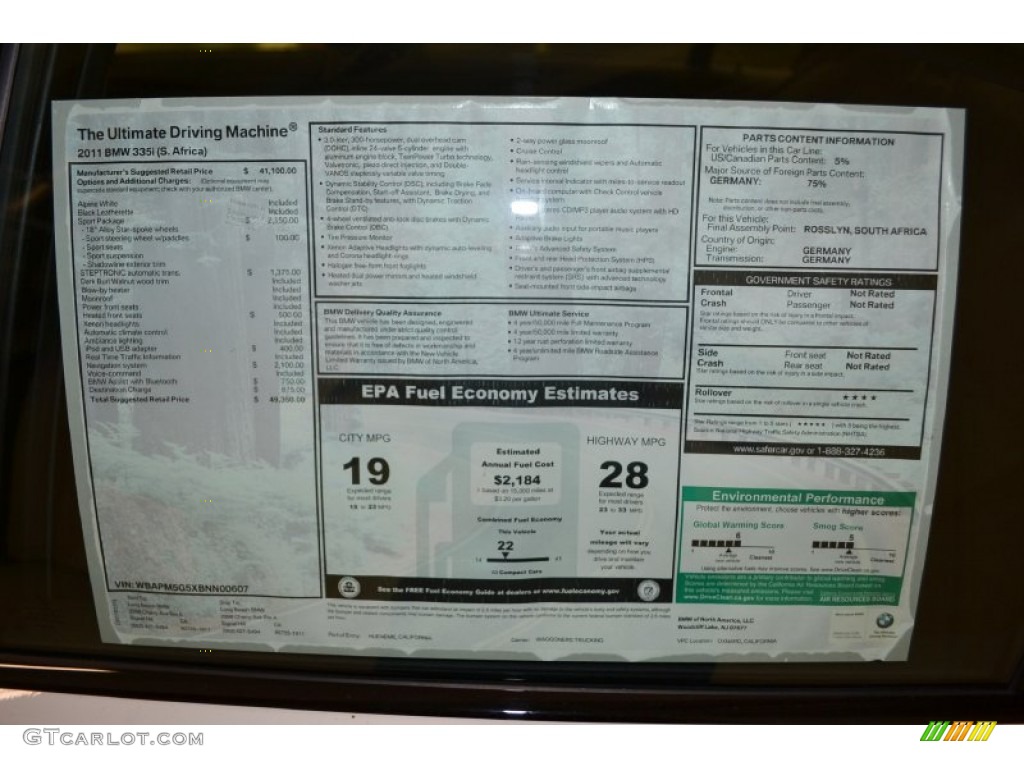 2011 BMW 3 Series 335i Sedan Window Sticker Photo #50057578