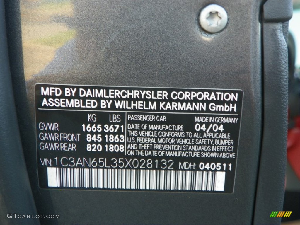 2005 Chrysler Crossfire Limited Roadster Info Tag Photo #50076766