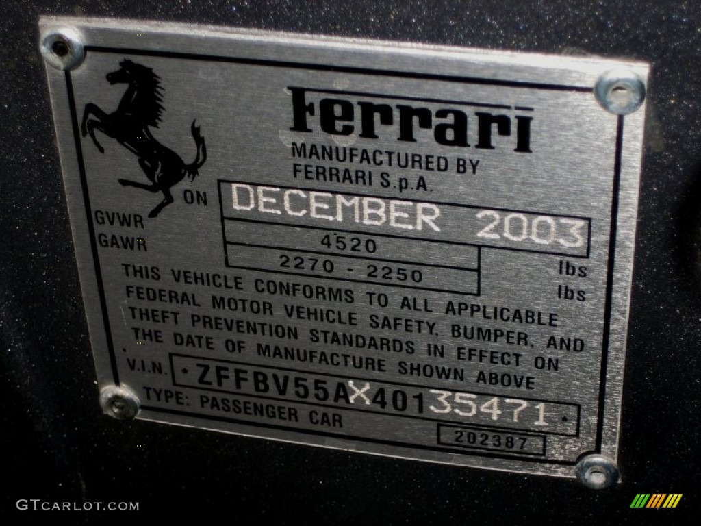 2004 Ferrari 575M Maranello F1 Info Tag Photos
