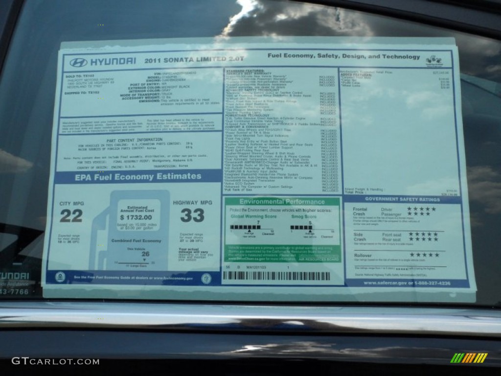 2011 Sonata Limited 2.0T - Midnight Black / Gray photo #43