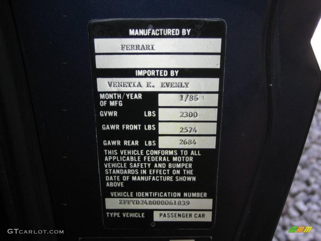 1986 Ferrari 412 Automatic Info Tag Photos