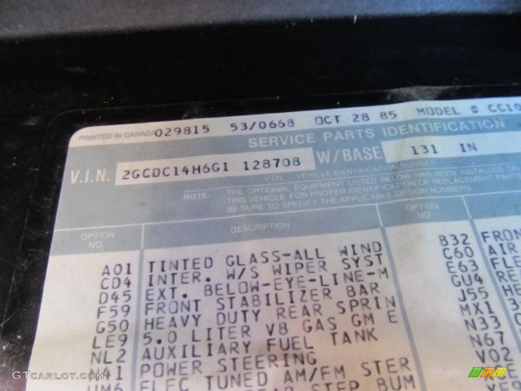 1986 Chevrolet C/K C10 Silverado Regular Cab Info Tag Photos