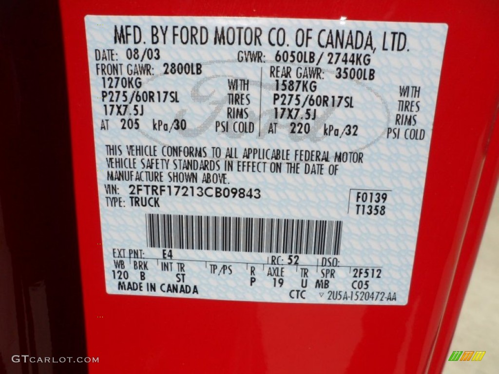 2003 F150 Color Code E4 for Bright Red Photo #50099616