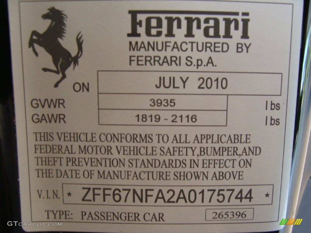 2010 Ferrari 458 Italia Info Tag Photo #50130660