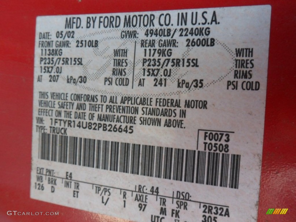 2002 Ranger Color Code E4 for Bright Red Photo #50141935