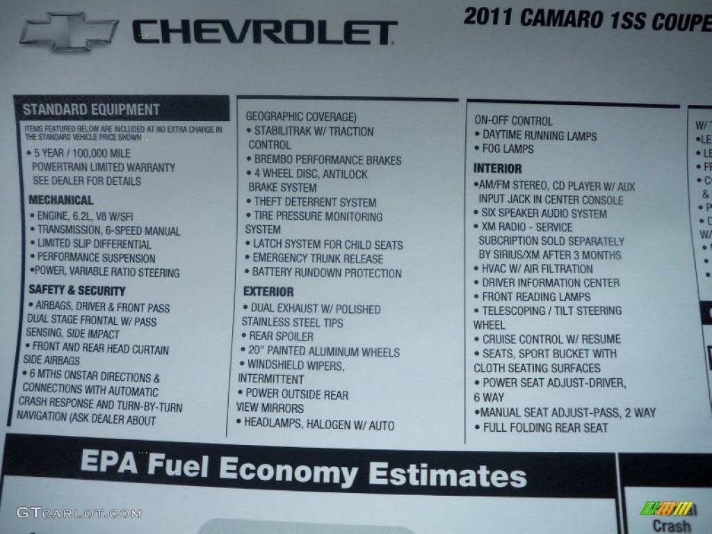2011 Chevrolet Camaro SS Coupe Window Sticker Photo #50155223