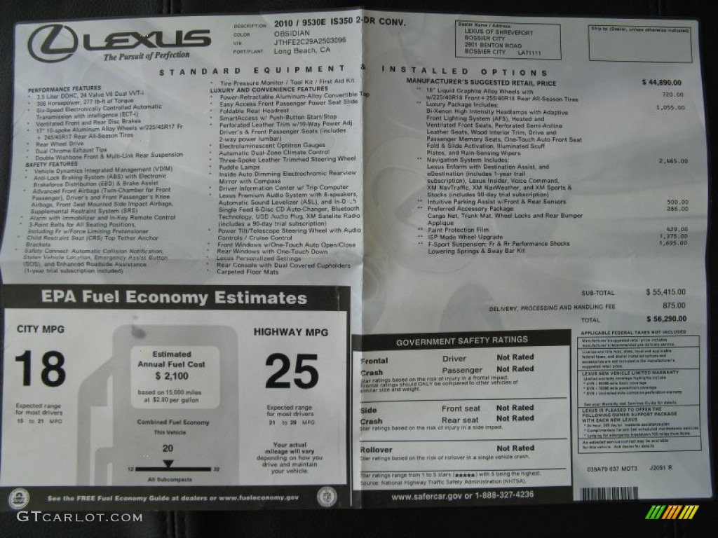 2010 Lexus IS 350C Convertible Window Sticker Photo #50183579