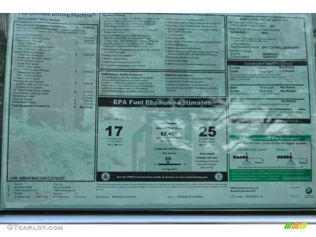 2012 BMW 7 Series 740Li Sedan Window Sticker Photo #50192085