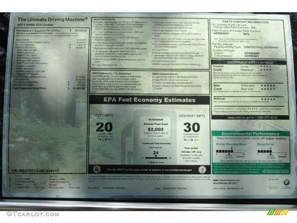 2011 BMW 5 Series 535i Sedan Window Sticker Photo #50228874