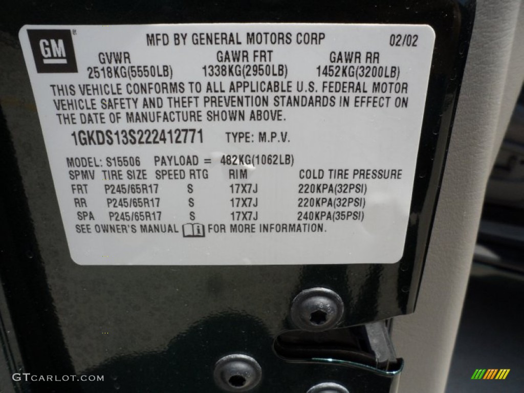 2002 GMC Envoy SLE Info Tag Photos