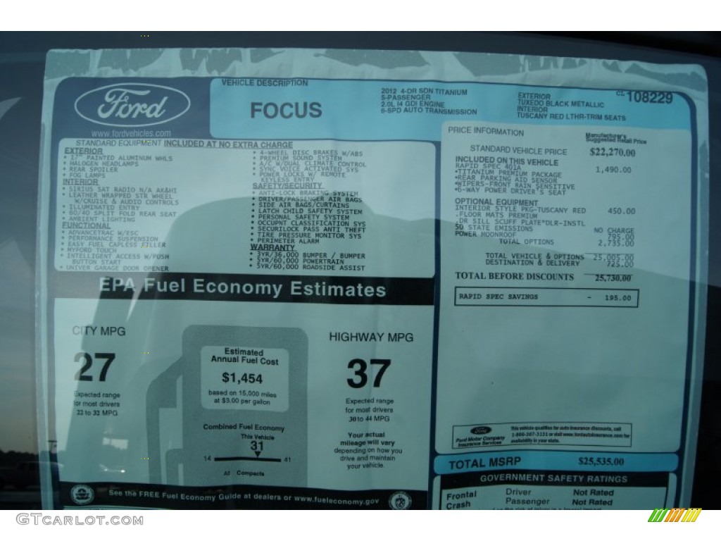 2012 Ford Focus Titanium Sedan Window Sticker Photo #50247903