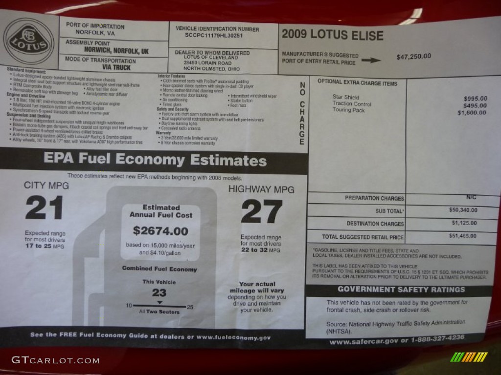 2009 Lotus Elise Standard Elise Model Window Sticker Photo #50259119