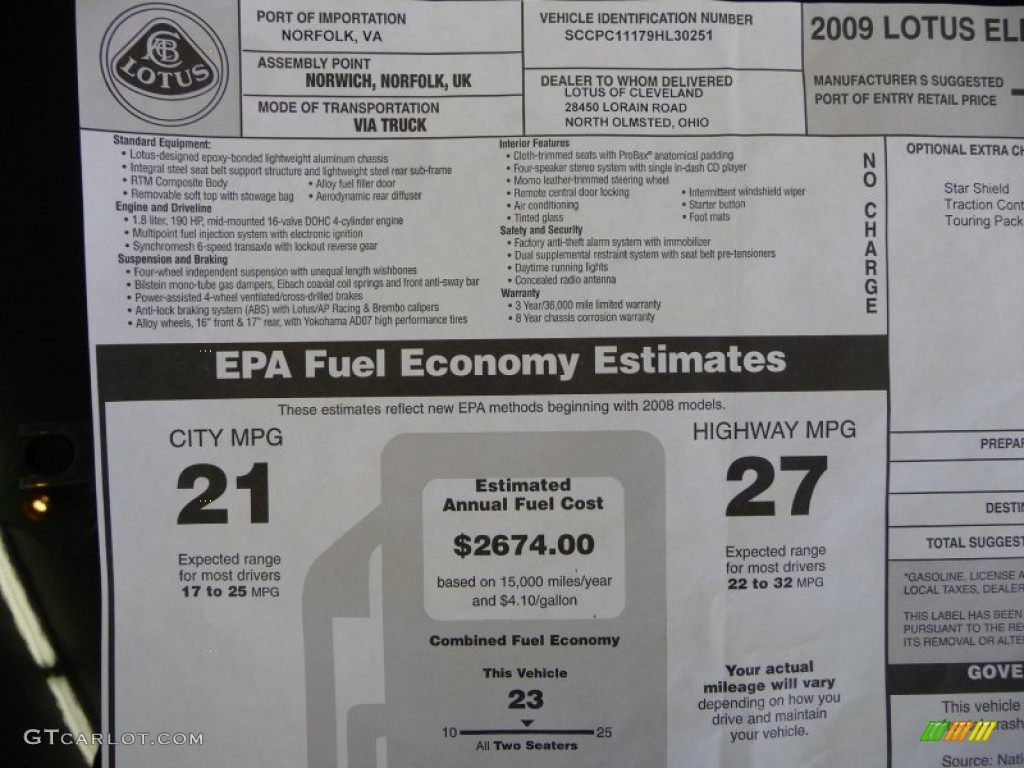 2009 Lotus Elise Standard Elise Model Window Sticker Photos