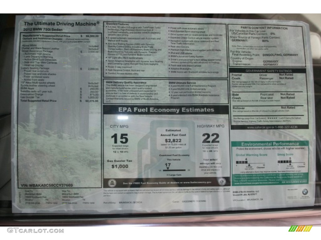 2012 BMW 7 Series 750i Sedan Window Sticker Photo #50275944