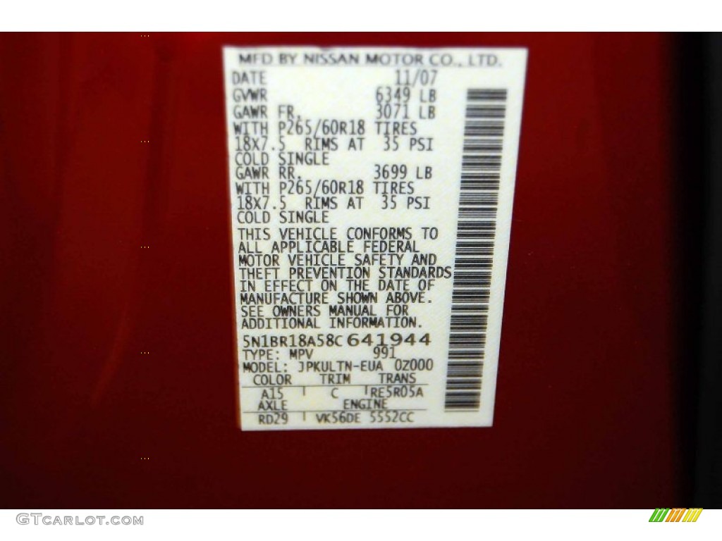 2008 Nissan Pathfinder SE V8 Color Code Photos