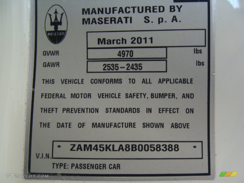 2011 Maserati GranTurismo S Info Tag Photo #50287425
