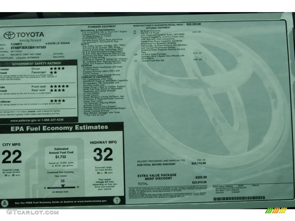 2011 Camry LE - Magnetic Gray Metallic / Bisque photo #13