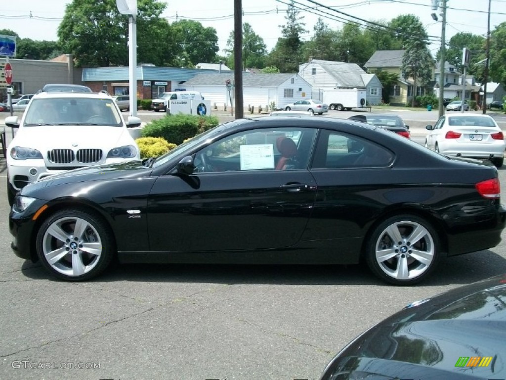 2010 3 Series 335i xDrive Coupe - Jet Black / Coral Red/Black Dakota Leather photo #8