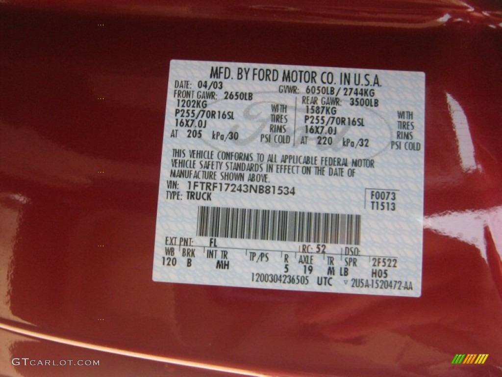 2003 F150 Color Code FL for Toreador Red Metallic Photo #50296728