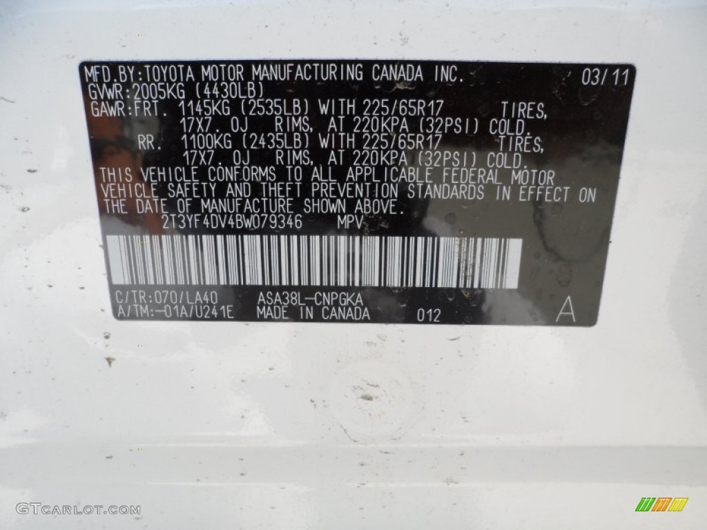 2011 RAV4 Color Code 070 for Blizzard White Pearl Photo #50314299
