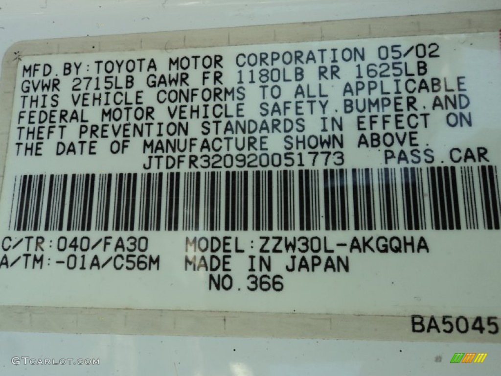 2002 MR2 Spyder Color Code 040 for Super White Photo #50318679